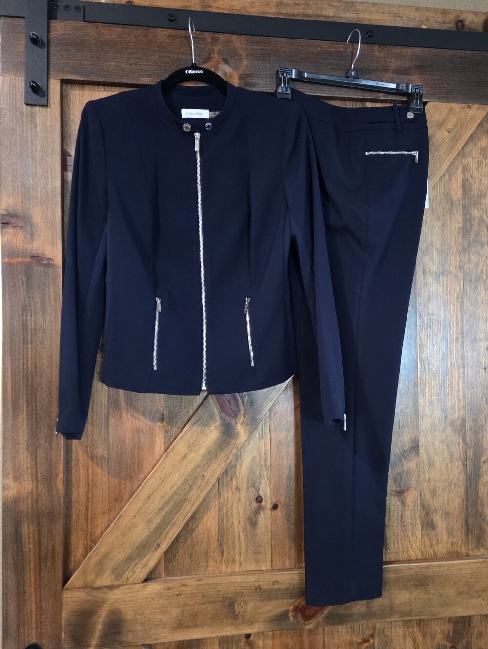 NWT Calvin Klein Navy 2-Piece Suit Set Size 6 Fully Lined Zip Jacket Slim Pants